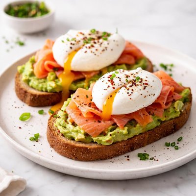 Avocado toast with eggs and salmon