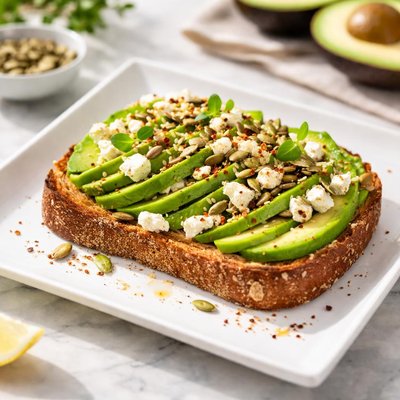Avocado toast with feta and seeds