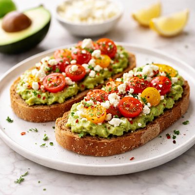 Avocado toast with feta and tomatoes