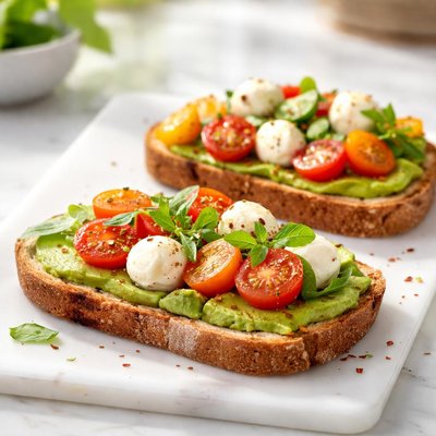 Avocado toast with mozzarella and tomatoes