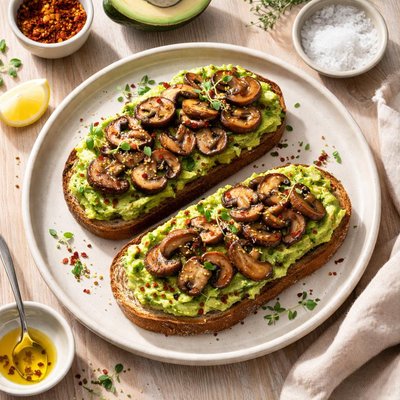 Tostada de aguacate con champiñones.