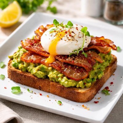 Avocado toast with poached egg and bacon