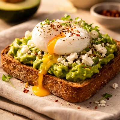 Avocado toast with poached egg and feta