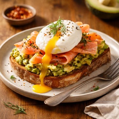 Avocado toast with poached egg and smoked salmon