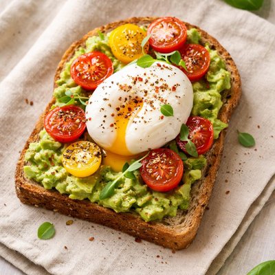 Avocado toast with poached egg and tomatoes
