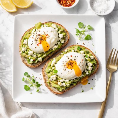 Avocado toast with poached eggs and feta cheese