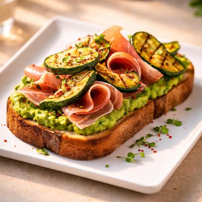 Avocado toast with prosciutto and grilled zucchini