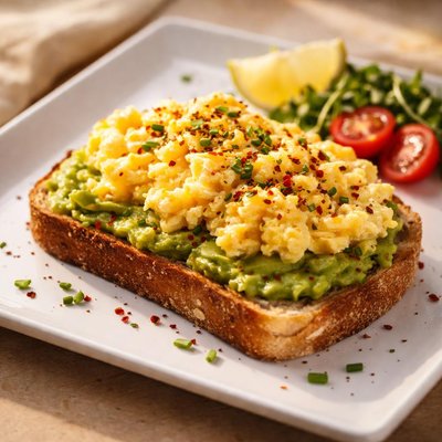 Avocado toast with scrambled eggs