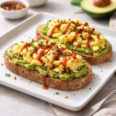 Avocado toast with scrambled eggs and hot sauce