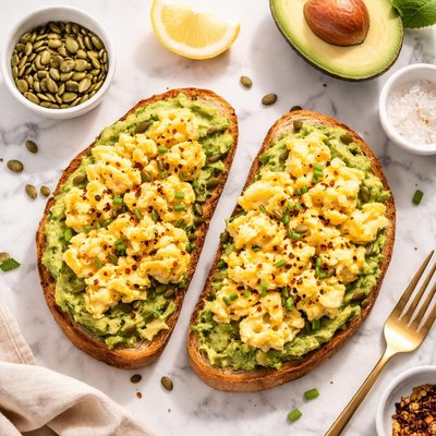 Tostada de aguacate con huevos revueltos y semillas de calabaza
