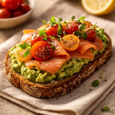 Toast à l'avocat avec saumon fumé et tomates cerises