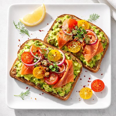 Tostada de aguacate con salmón ahumado y tomates