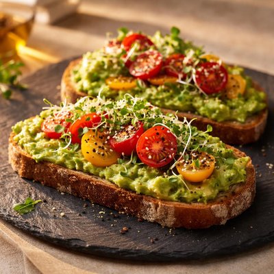 Avocado toast with tomato and sprouts