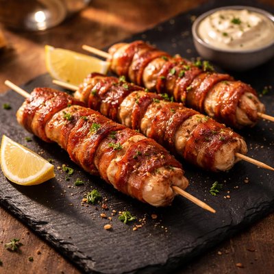 Bacon-wrapped chicken skewer