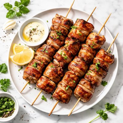 Bacon-wrapped pork skewers
