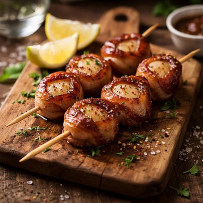 Bacon-wrapped scallop skewer