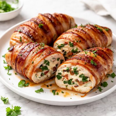 Bacon-wrapped stuffed chicken breast