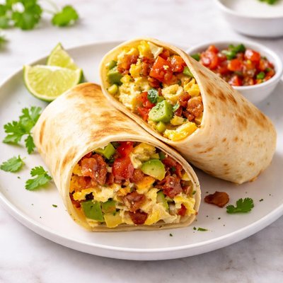Bacon and avocado breakfast burrito