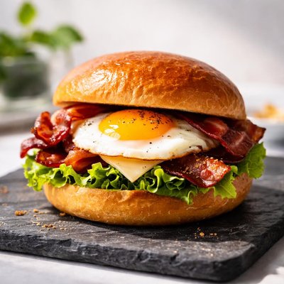 Bacon and egg on brioche bun