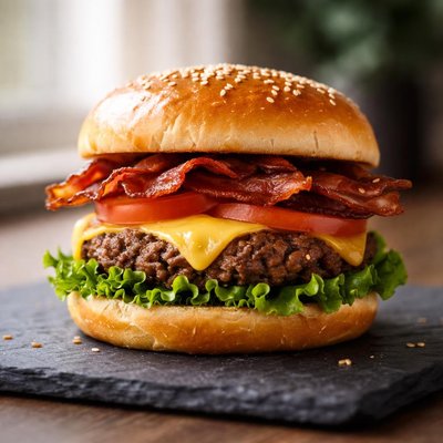 Bacon cheeseburger with lettuce and tomato