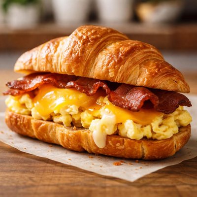 Bacon egg and cheese crussant sandwich from french workshop