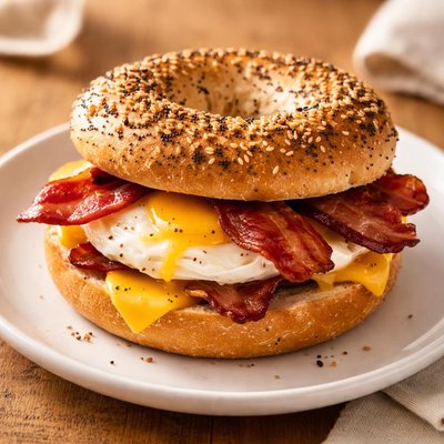 Bacon egg and cheese on an everything bagel