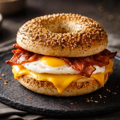 Bacon egg and cheese on everything bagel