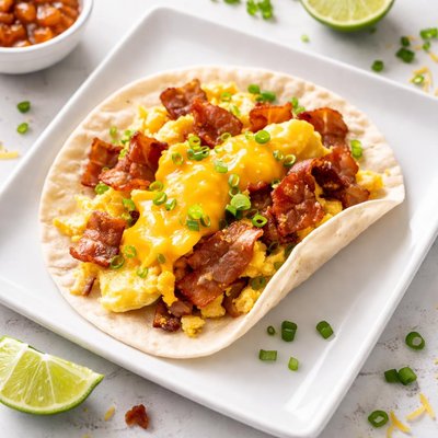 Bacon egg and cheese taco flour tortilla