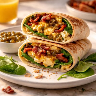 Bacon egg roll with relish and spinach