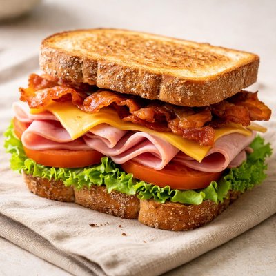 Bacon lettuce cheese and ham sandwich