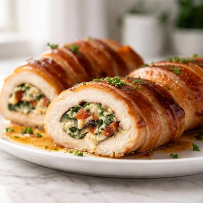 Bacon wrapped stuffed chicken