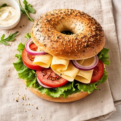 Bagel cheese and salad sandwich