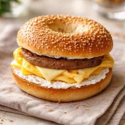 Bagel egg sausage sandwich lite cream cheese