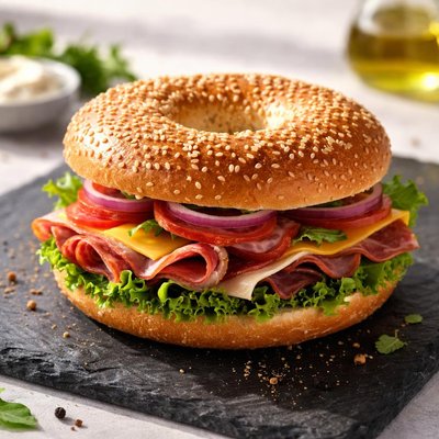 Bagel sandwich with cheese and meat