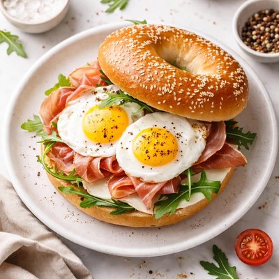 Bagel sandwich with eggs and prociutto