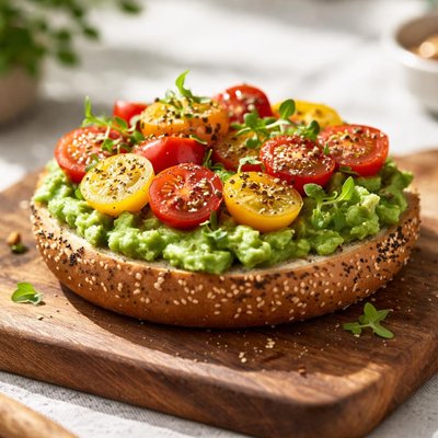 Bagel with avocado and cherry tomatoes
