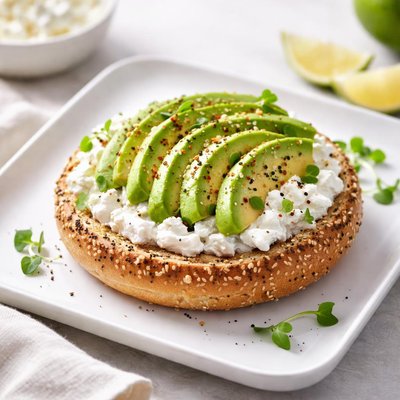 Bagel with avocado and cottage cheese