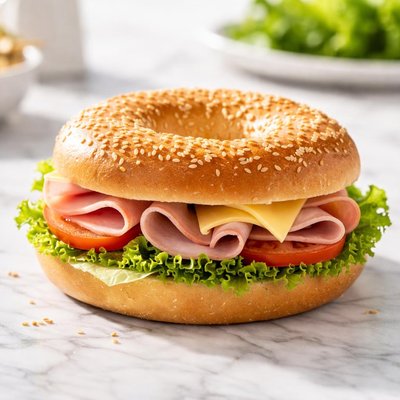 Bagel with cheese and ham