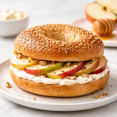 Bagel with cream cheese and apple slices