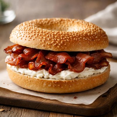 Bagel with cream cheese and bacon