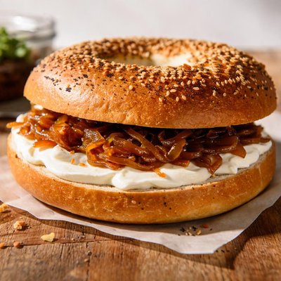 Bagel with cream cheese and caramelized onions