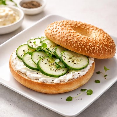 Bagel with cream cheese and cucumber