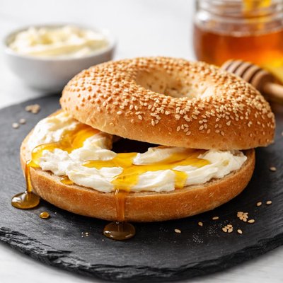 Bagel with cream cheese and honey