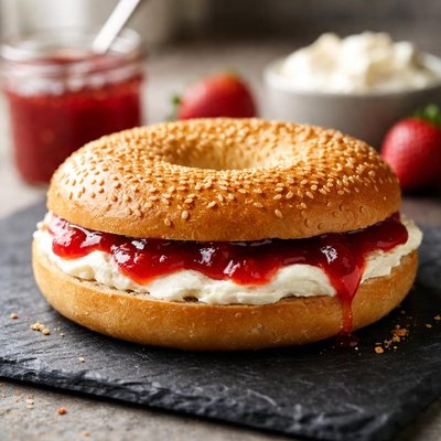 Bagel with cream cheese and jam