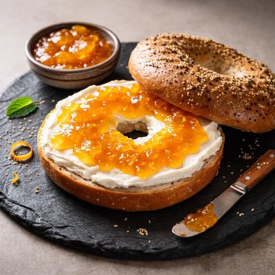 Bagel with cream cheese and marmalade