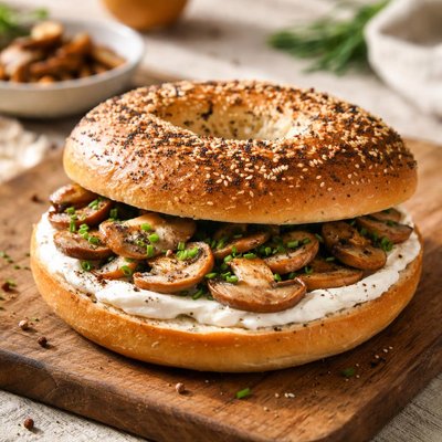 Bagel with cream cheese and mushrooms