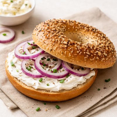 Bagel with cream cheese and onions