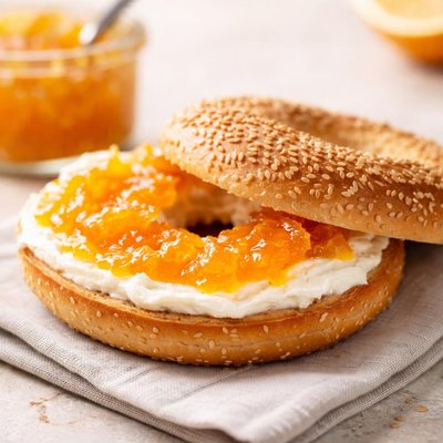 Bagel with cream cheese and orange jam