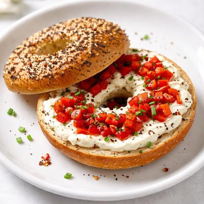 Bagel with cream cheese and red peppers