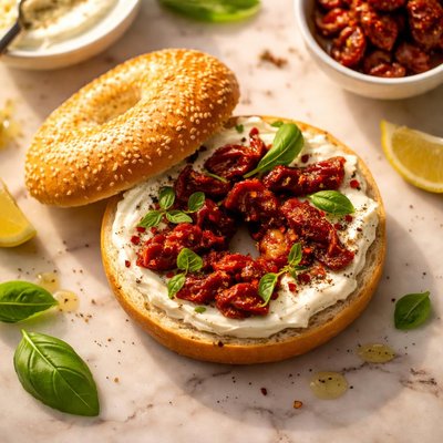 Bagel with cream cheese and sun-dried tomatoes